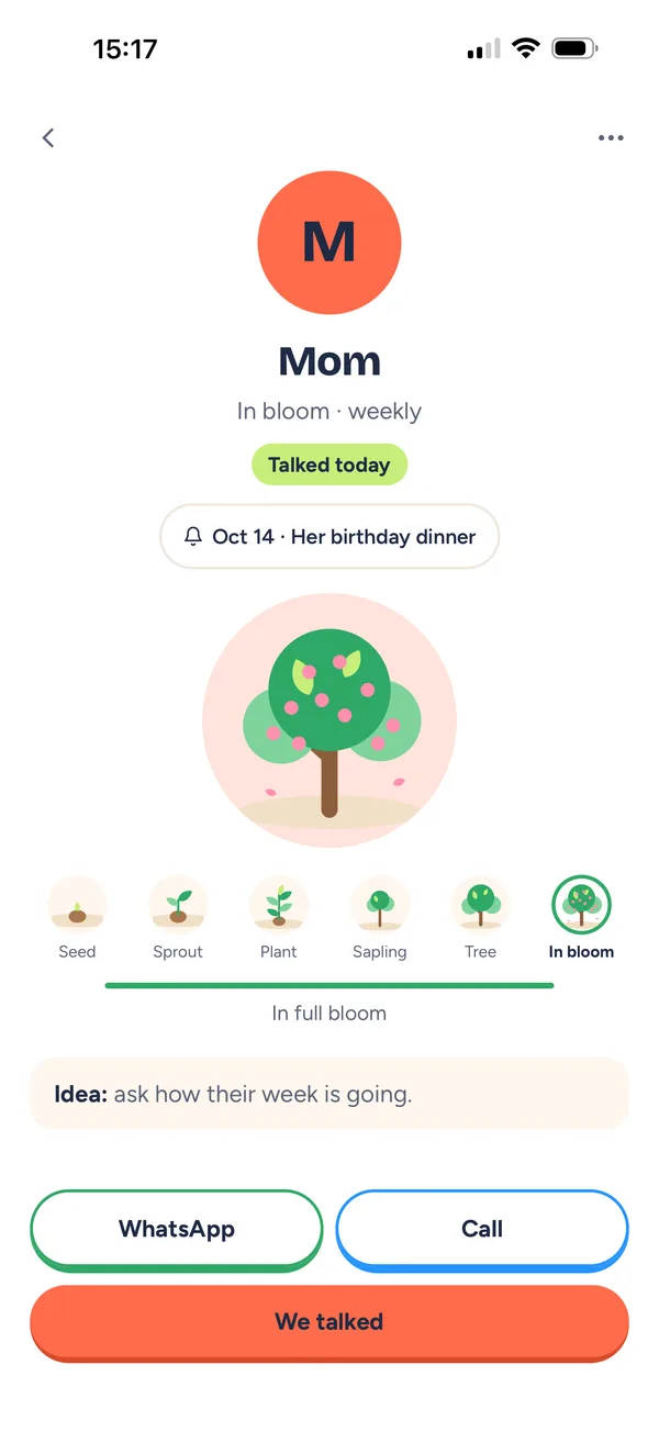 A person in Kinroot: Mom, in bloom, with WhatsApp, Call and We talked buttons